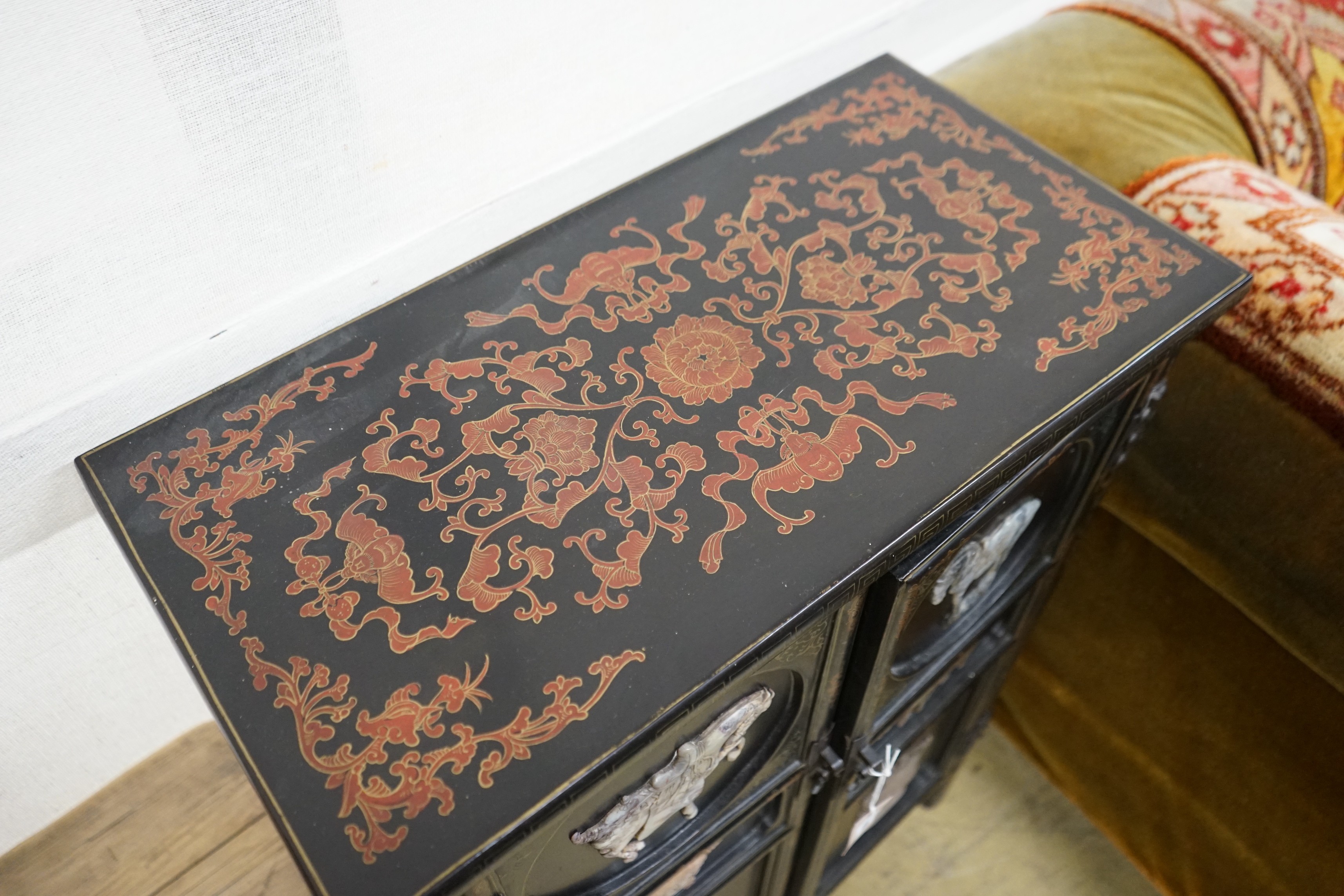 A Chinese painted hardstone mounted two door side cabinet, width 60cm, depth 31cm, height 89cm